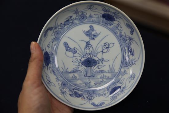 A near pair of Chinese blue and white mandarin duck and pond saucer dishes, Yongzheng mark and of the period (1723-35), diameter 15.5